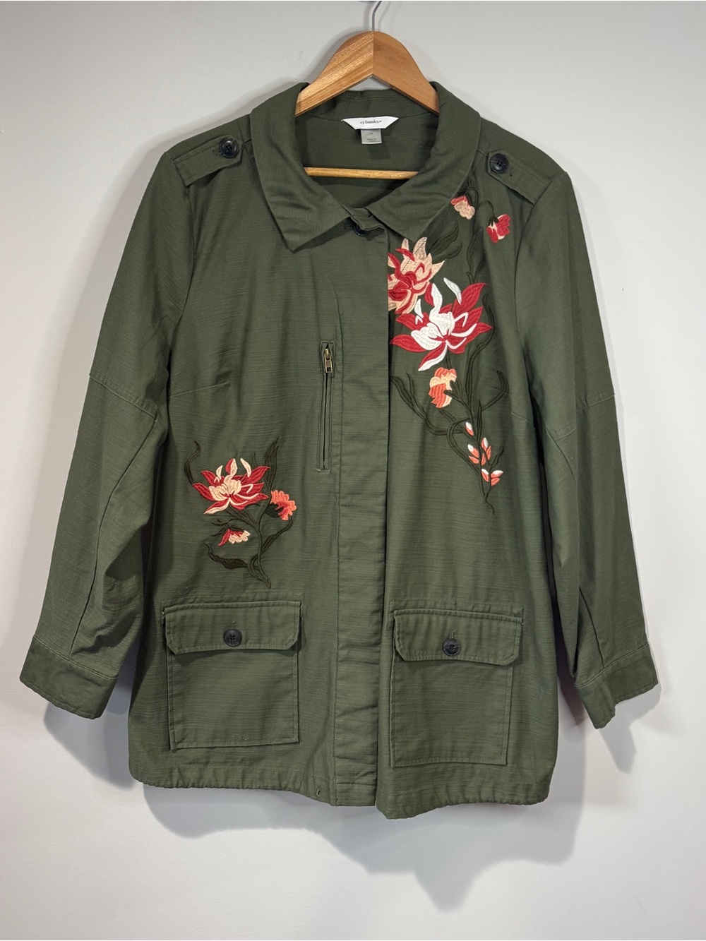 Christopher & Banks Women’s Olive Green Utility Jacket Floral Embroidery Size 1X
